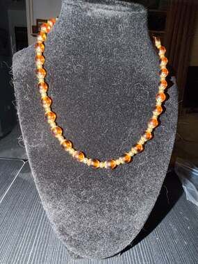 Vintage Amber Glass Bead Necklace with Gold-Tone Filigree Caps and Barrel Clasp